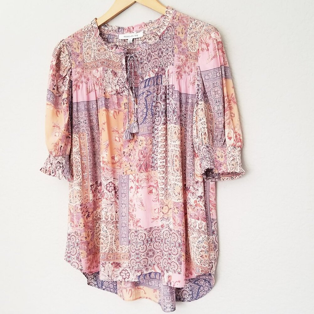 Rose & Olive Pink and Peach Boho Patchwork Blouse